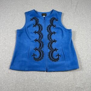 Bob Mackie Wearable Art Blue Fleece Vest Black Scroll Embroidery Zip Up Large